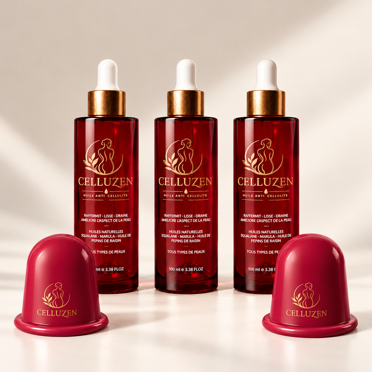 3 flacons d'huile CELLUZEN 100 ml et 2 ventouses de massage